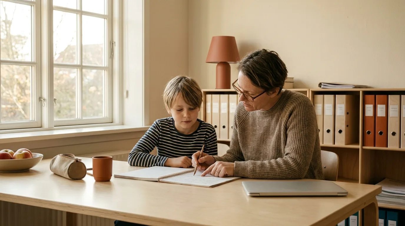 Forælder og barn arbejder med lektier ved køkkenbordet, laptoppen ligger lukket ved siden af