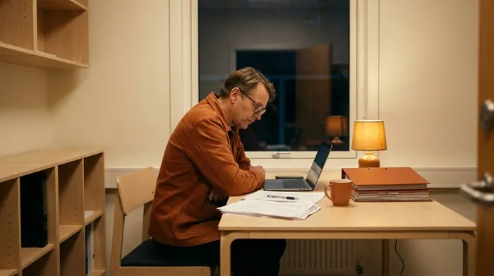 Skoleleder arbejder med et udkast om aftenen