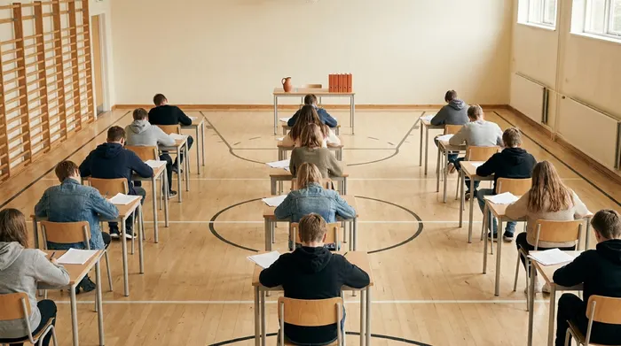 Elever i 9. klasse til skriftlig prøve ved enkeltborde i idrætssalen