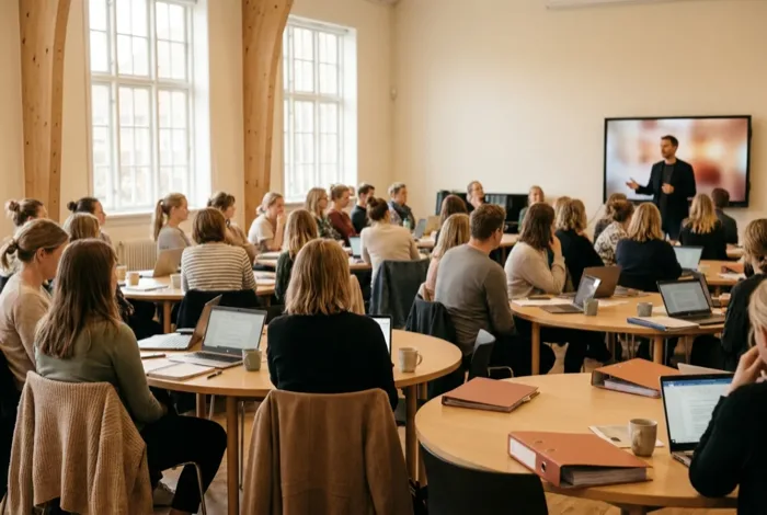 Lærerkollegium til AI-workshop i en stor sal med oplægsholder ved skærmen